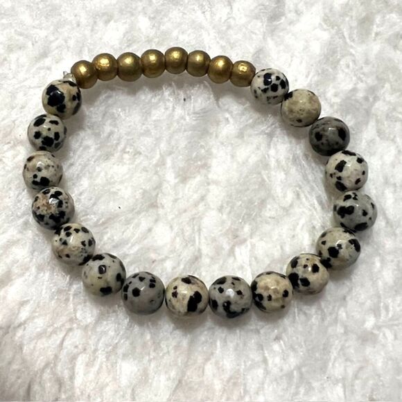 Lot of 3 White Black Gray Marble BeadsCopper Tone Accent Elastic Bracelets - Picture 4 of 6